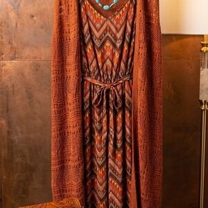 Rust Orange Aztec Jumpsuit with Knit Cardigan